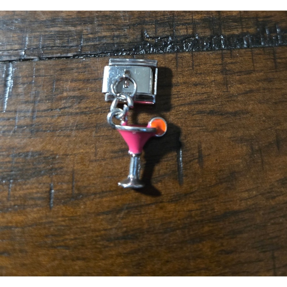 Pink Cocktail Martini Glass Dangle Italian Charm Link Stainless Steel 9mm